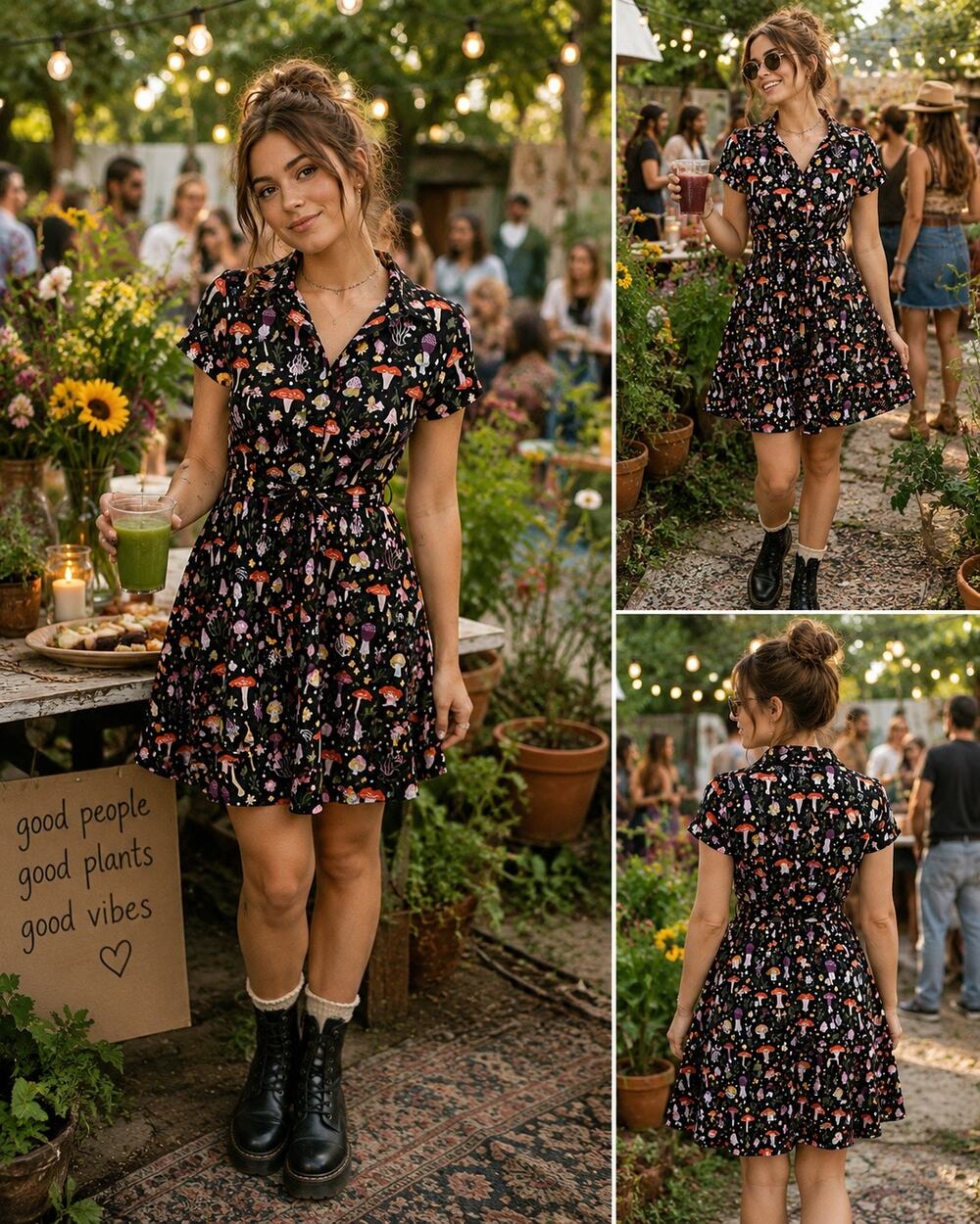 Eva Rose Mushroom Fit & Flare Shirt Dress Cottagecore Fairycore Belted Dress S